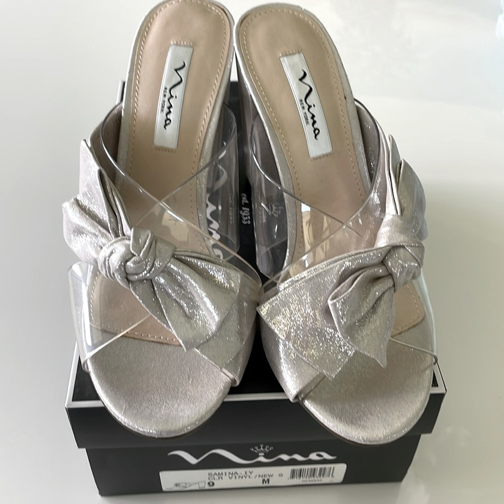 Nina Vinyl Heel Sandal with Silver Tan Bows 9m